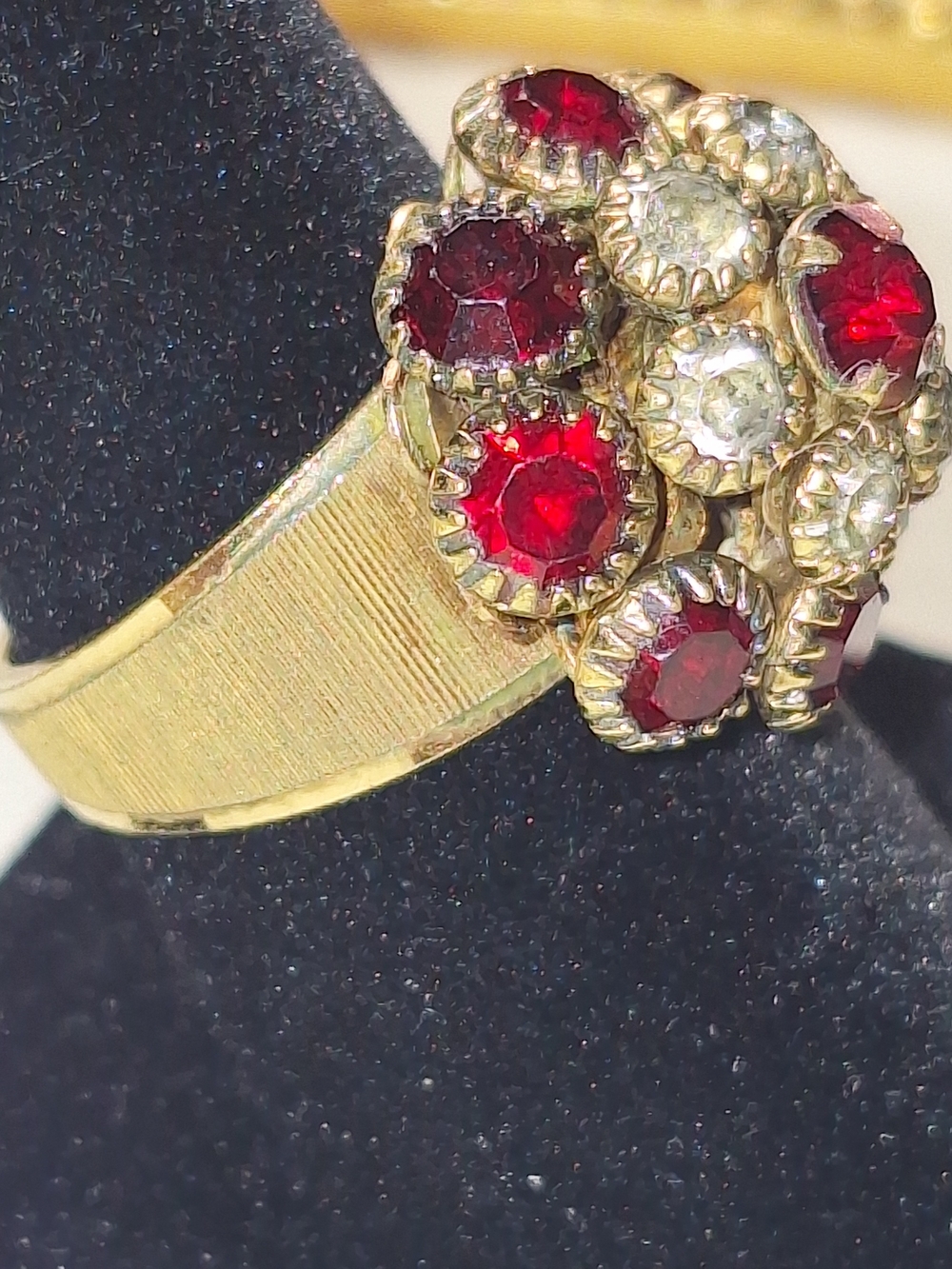 Vintage Gold-Tone Cluster Ring with Red and Clear Rhinestones